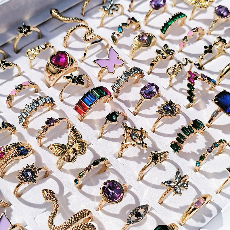 20pcs Yicen Ring Set for Women & Girls - Elegant Rose Golden Plated with Colorful Cubic Zirconia, Butterfly, Snake, Floral Designs - Trendy Mixed Styles in 16mm-19mm Sizes, Quick Shipping